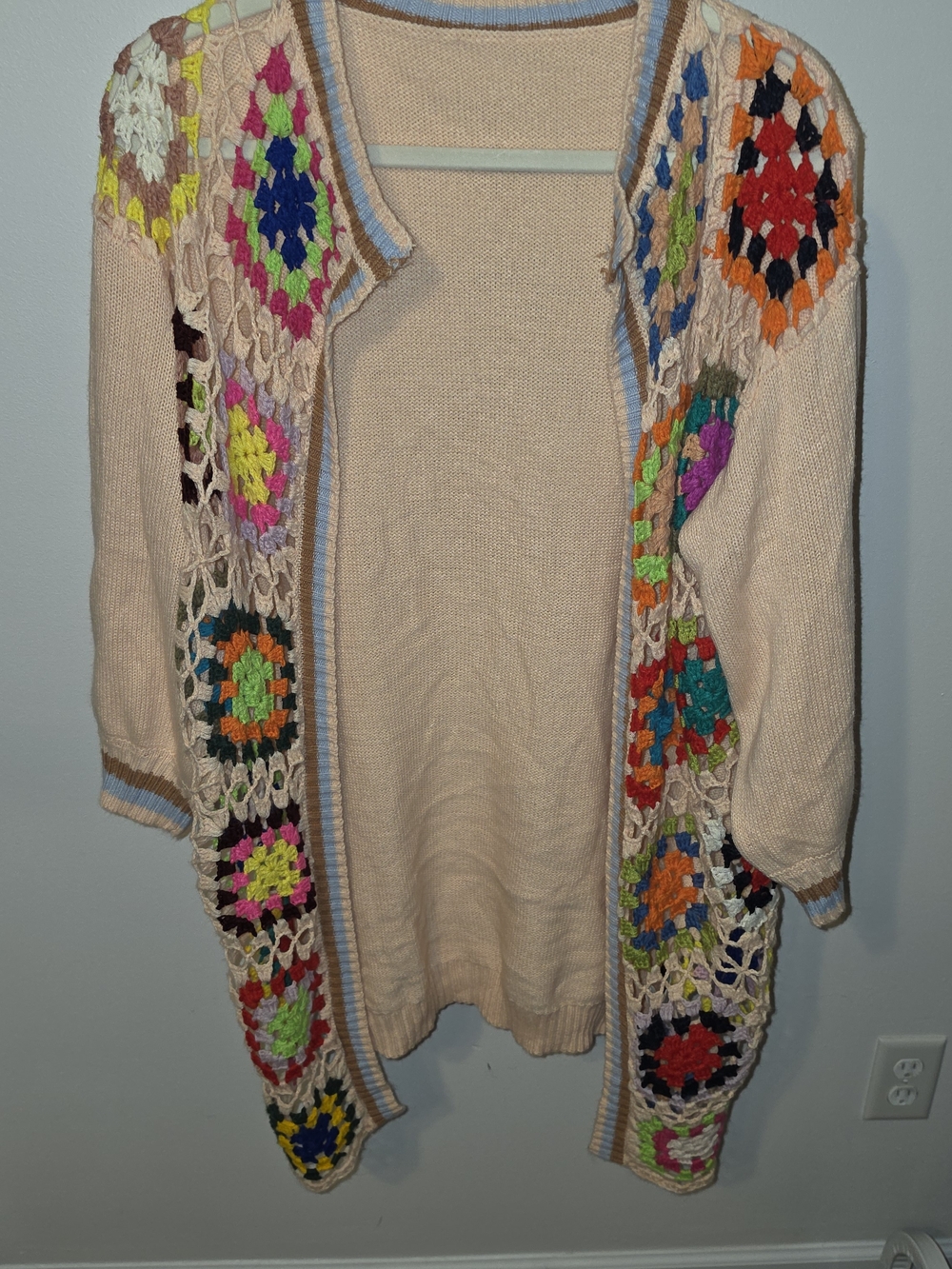 SHEIN Beige Open-Front Cardigan with Multicolor Crochet Accents